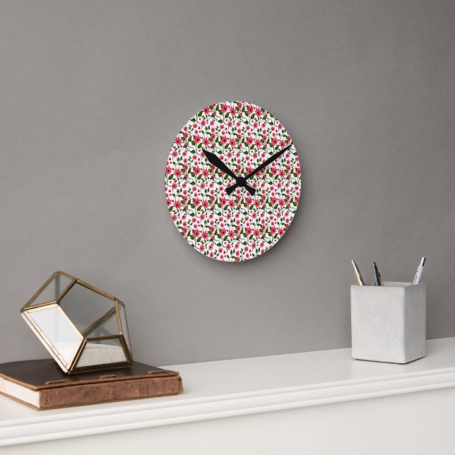 Red Floral Seamless Pattern  |  Round Clock (Office)