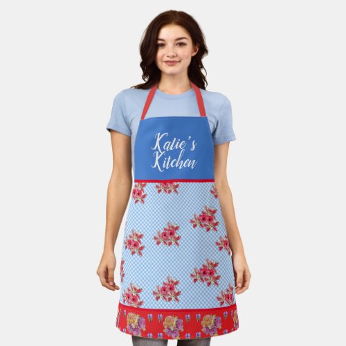 Red Floral Shabby Chic Blue Gingham Customizable Apron