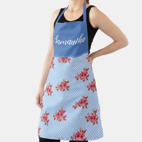 Red Floral Shabby Chic Blue Gingham Lily Kitchen A Apron