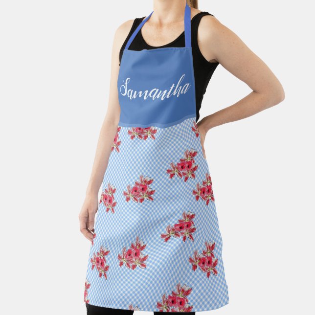 Red Floral Shabby Chic Blue Gingham Lily Kitchen A Apron (Insitu)