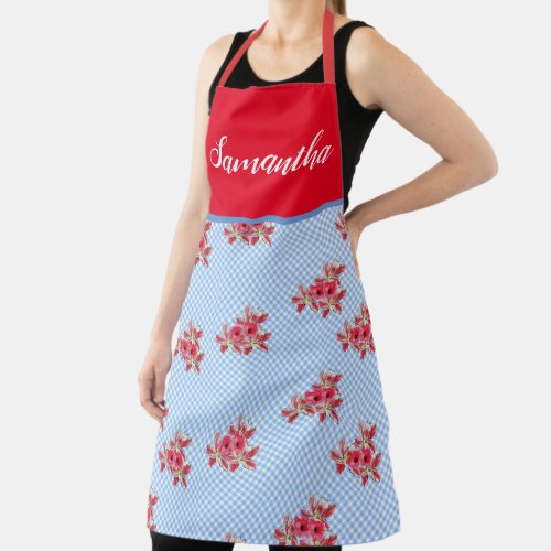 Red Floral Shabby Chic Blue Gingham Lily Kitchen Apron