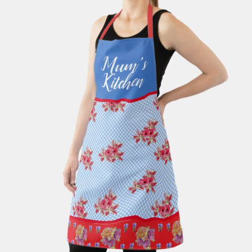 Red Floral Shabby Chic Blue Gingham Mums Kitchen A Apron