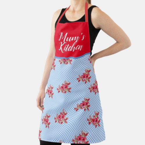Red Floral Shabby Chic Blue Gingham Mums Kitchen Apron