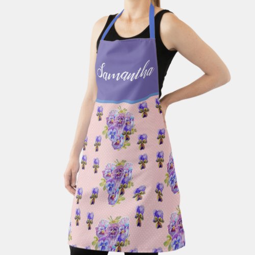 Red Floral Shabby Chic Blue Pink Dot Pansy Viola  Apron