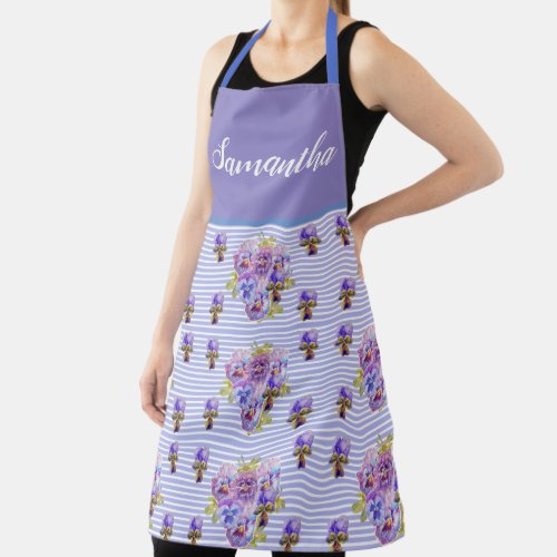 Red Floral Shabby Chic Blue Pink Dot Pansy Viola   Apron