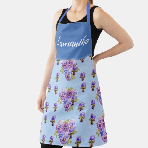 Red Floral Shabby Chic Blue Polka Dot Pansy Viola Apron