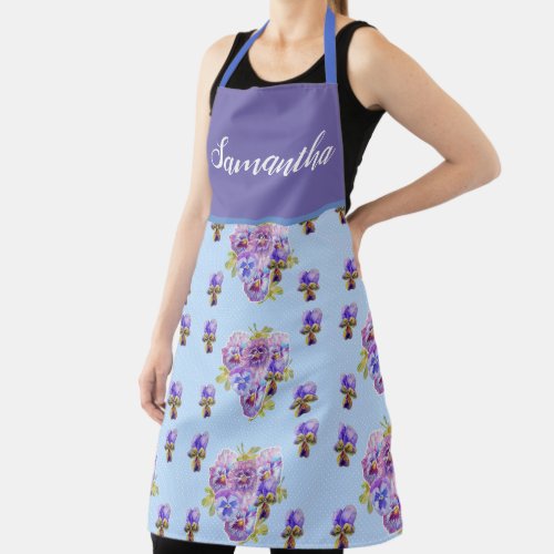 Red Floral Shabby Chic Blue Purple Pansy Viola art Apron