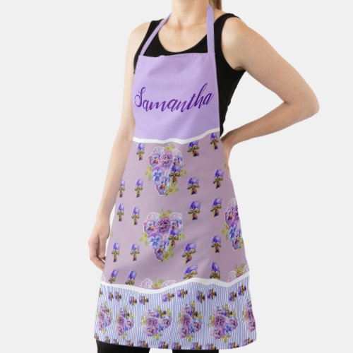 Red Floral Shabby Chic Lavender Purple Pansy Viola Apron