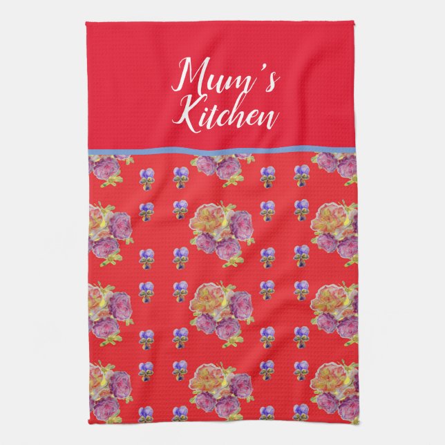 Red Floral Shabby Chic Roses Rose Mums Kitchen Apr Kitchen Towel (Vertical)