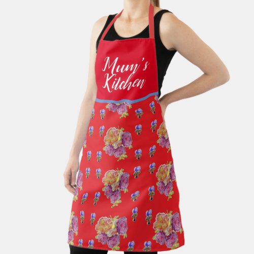 Red Floral Shabby Chic Roses Rose Mums Kitchen Apron