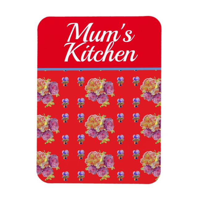 Red Floral Shabby Chic Roses Rose Mums Kitchen  Magnet (Vertical)