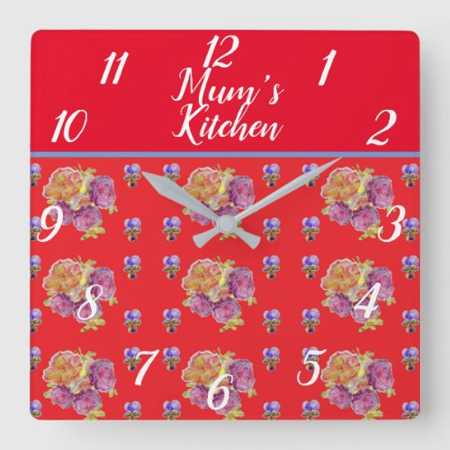 Red Floral Shabby Chic Roses Rose Mums Kitchen  Sq Square Wall Clock