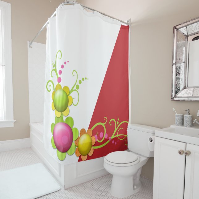 Red Floral Shower Curtain (In Situ)