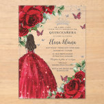 Red Floral Silver Butterflies Quinceañera Sweet 16 Acrylic Invitations<br><div class="desc">Personalize this boho chic vibrant red floral Quinceañera / Sweet 16 birthday acrylic invitation easily and quickly. Simply click the customize it further button to edit the texts, change fonts and fonts colors. Featuring bright red roses, butterflies and a girl dressed in a glittery red ball gown. Matching items available...</div>