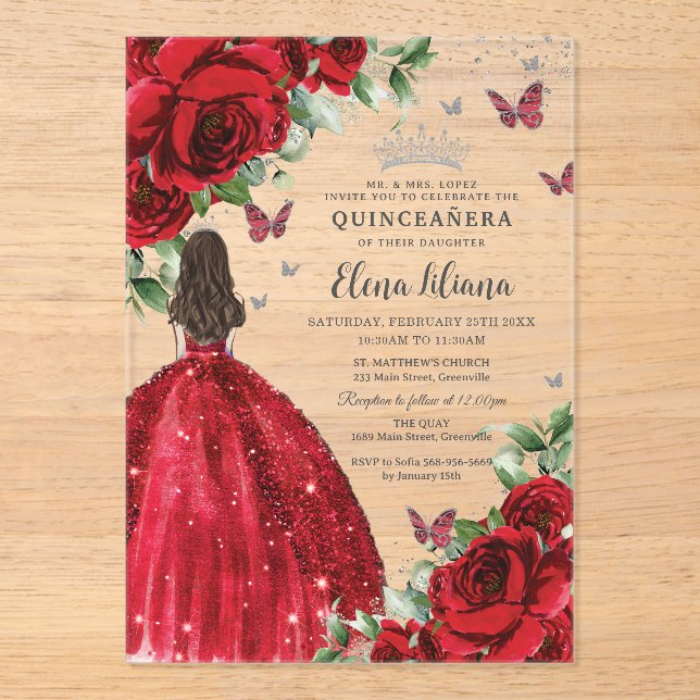 Red Floral Silver Butterflies Quinceañera Sweet 16 Acrylic Invitations (Front)