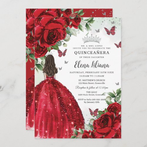 Red Floral Silver Butterflies Quincea&#241;era Sweet 16 Invitation