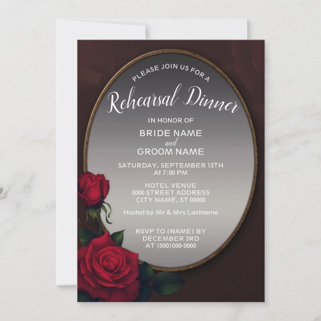 Red Floral Silver Gray Mirror Rehearsal Dinner Invitation (Front)