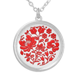 Red Floral Silver Plated Necklace