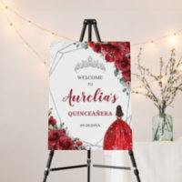 Red Floral Silver Quinceañera Birthday Welcome
