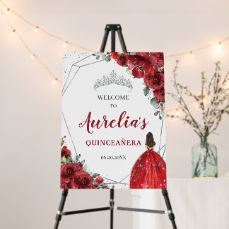 Red Floral Silver Quinceañera Birthday Welcome Foam Board