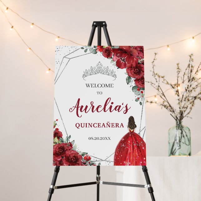 Red Floral Silver Quinceañera Birthday Welcome Foam Board (In Situ (Stand))