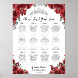 Red Floral Silver Quinceañera Floral Seating Chart