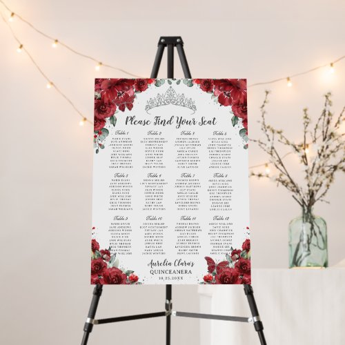 Red Floral Silver Quinceañera Floral Seating Chart Foam Board