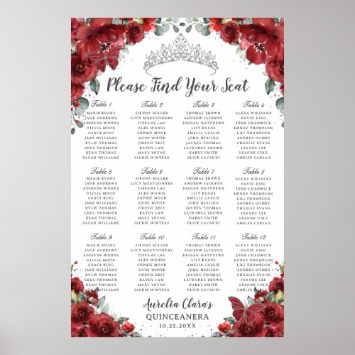 Red Floral Silver Quinceañera Mis 15 Años Seating  Poster