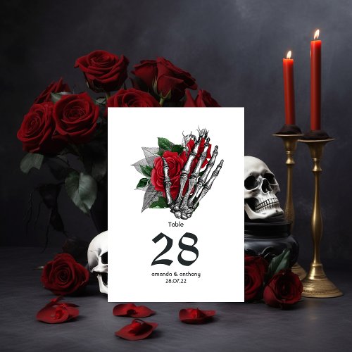 Red Floral Skeleton Gothic Wedding Table Number