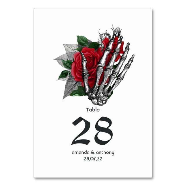 Red Floral Skeleton Gothic Wedding Table Number (Front)
