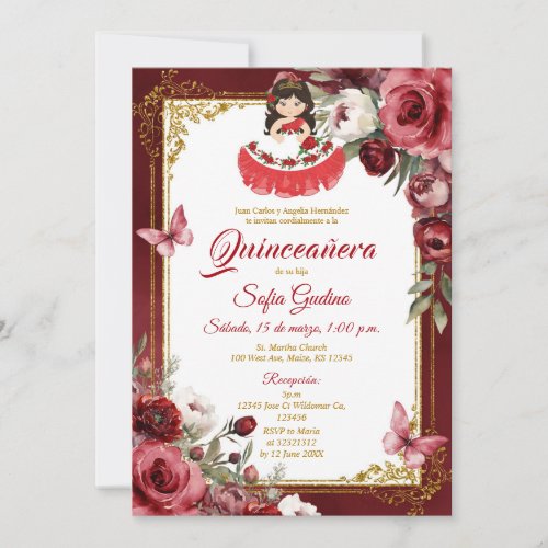 RED Floral Spanish Cute Girl Quinceaera Butterfly Invitation