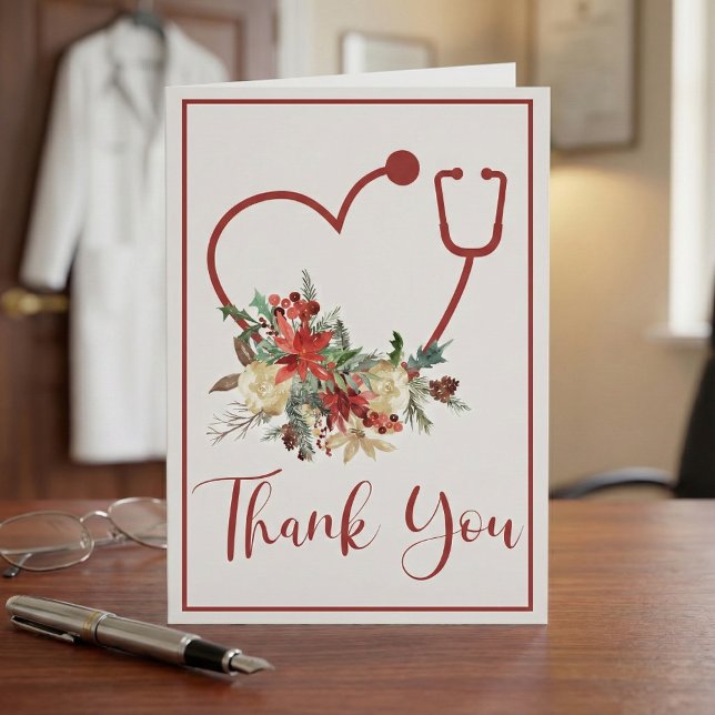 Red Floral Stethoscope Heart Holiday Thank You (Creator Uploaded)