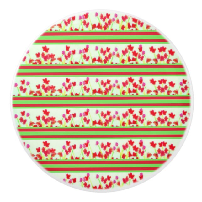 Red Floral Stripe Ceramic Knob (Front)