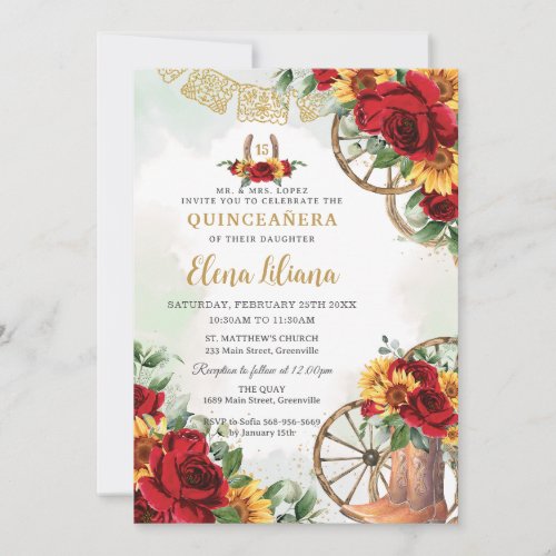Red Floral Sunflowers Boots Horseshoe Quinceaera Invitation