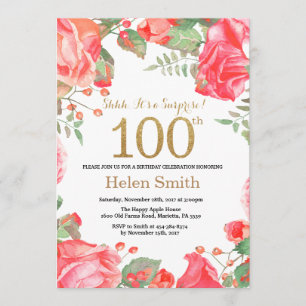Red Floral Surprise 100th Birthday Gold Glitter Invitation