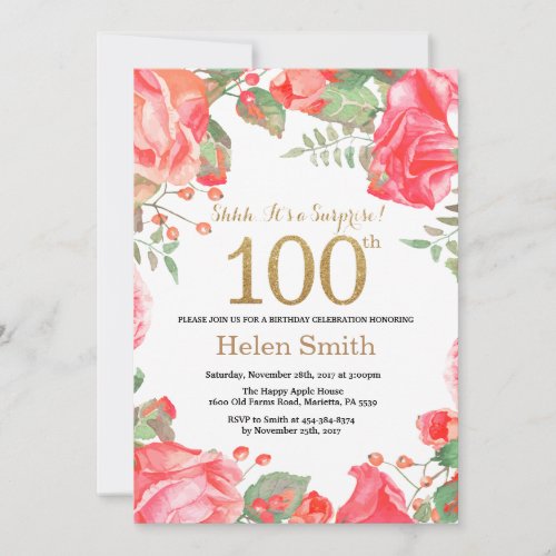 Red Floral Surprise 100th Birthday Gold Glitter Invitation