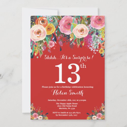 Red Floral Surprise 13th Birthday Invitation