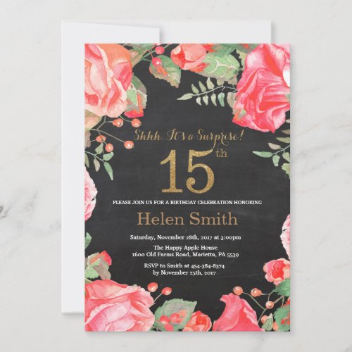 Red Floral Surprise 15th Birthday Gold Glitter Invitation