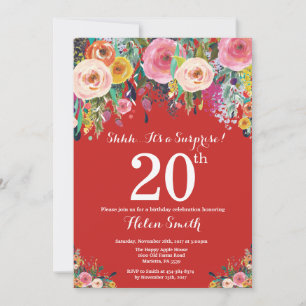 Red Floral Surprise 20th Birthday Invitation