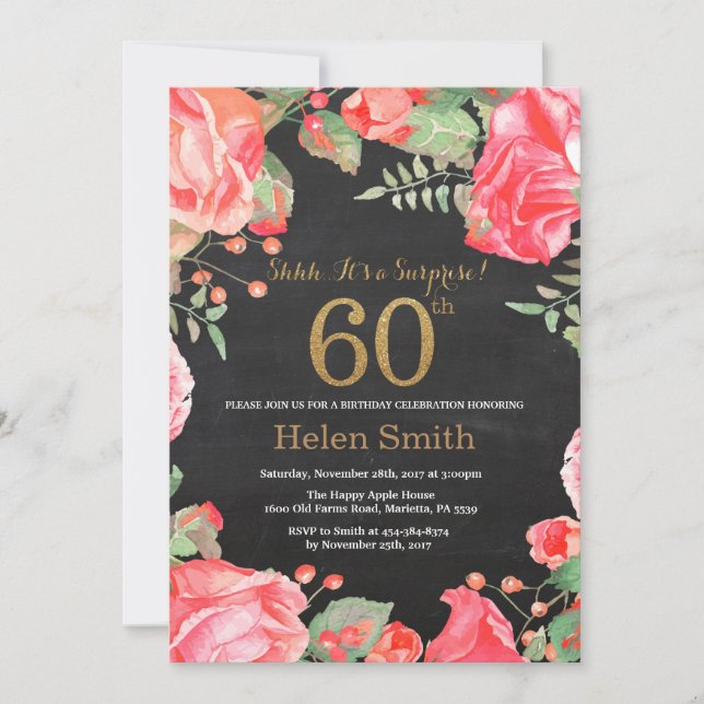 Red Floral Surprise 60th Birthday Gold Glitter Invitation (Front)