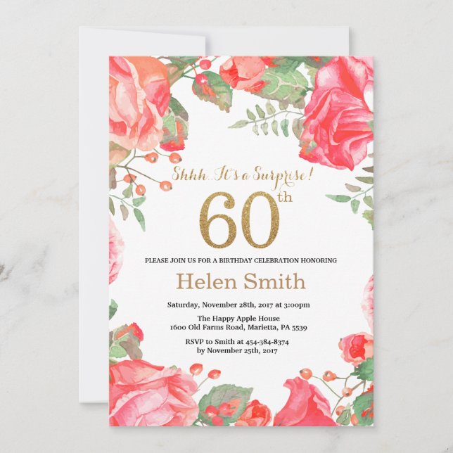 Red Floral Surprise 60th Birthday Gold Glitter Invitation (Front)