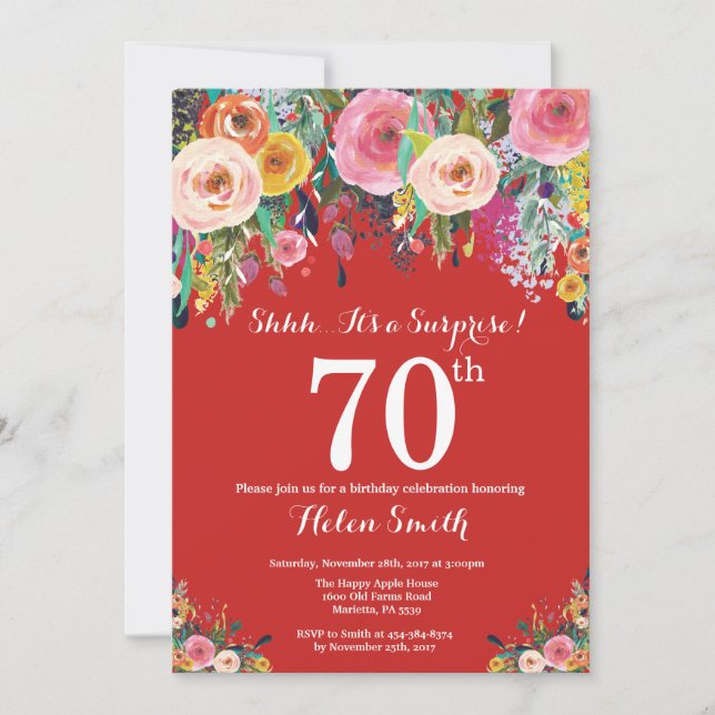 Red Floral Surprise 70th Birthday Invitation (Front)