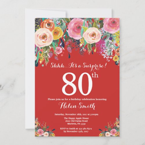 Red Floral Surprise 80th Birthday Invitation