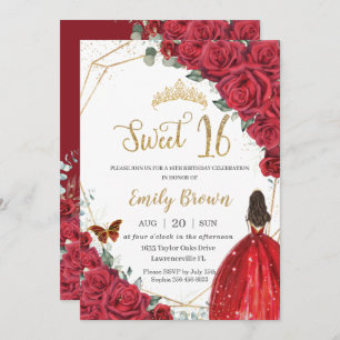 Red Floral Sweet Sixteen Birthday Princess Crown Invitation