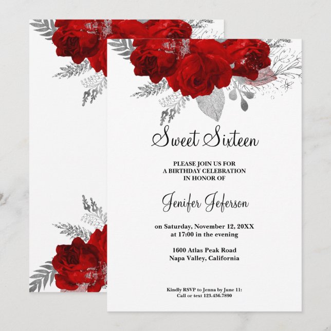 Red floral Sweet Sixteen Invitation (Front/Back)