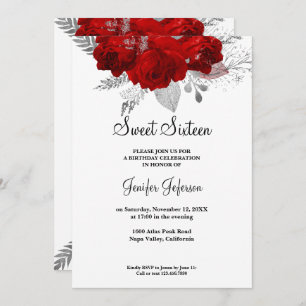 Red floral Sweet Sixteen Invitation