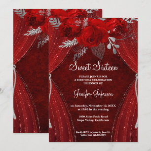 Red floral Sweet Sixteen Invitation