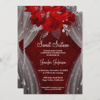 Red Floral Sweet Sixteen Invitation by aquachild at Zazzle
