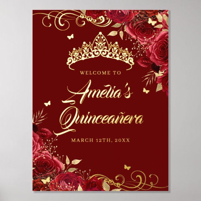 Red Floral Swirl Quinceanera Welcome Sign Gold   (Front)