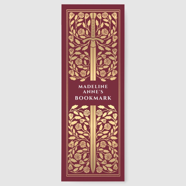 Red Floral Sword Medieval Fantasy Name Bookmarks (Front)